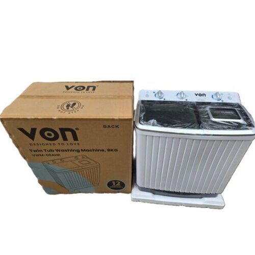 Von VWM-08AHK Twin Tub Washing Machine, White - 8KG