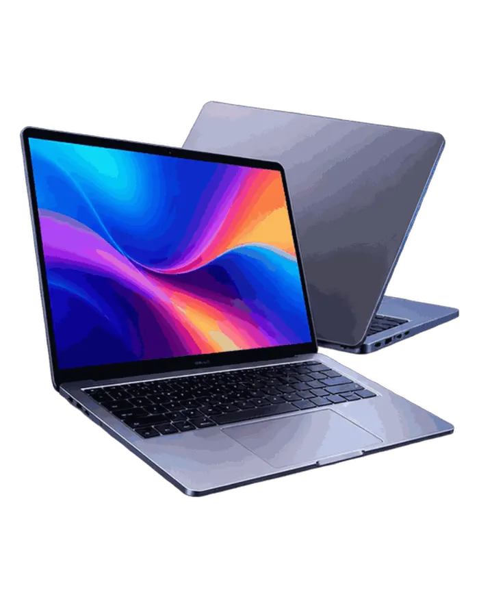 Two slim laptops, one open showing a colourful display and one closed behind it