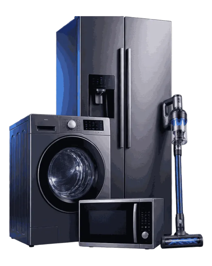 A fridge, front-load washing machine, microwave and cordless vacuum