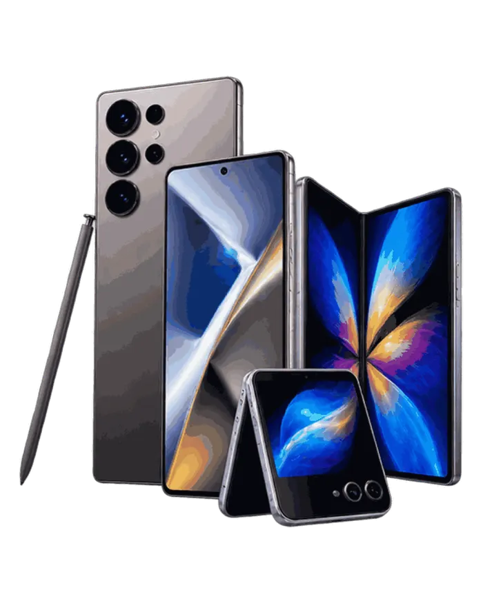 A flagship smartphone, a foldable and a flip phone, shown front and back