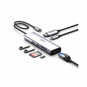 UGREEN USB-C Multifunction Adapter 7 In 1 -CM512USB-C To USB 3.0 (2 Ports) + HDMI + Gigabit Ethernet + SD & TF Card Reader + USB-C PD
