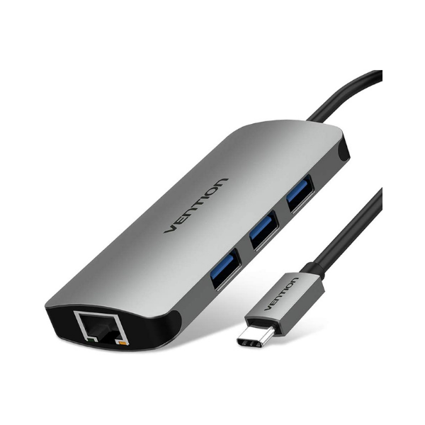 VENTION TYPE C TO MULTI-FUNCTION 8 IN 1 DOCKING STATION TYPE C TO USB 3.0 (3 PORTS) + GIGABIT EITHERNET + HDMI + SD & TF CARD READER +TYPE C PD by Hubs/Cables