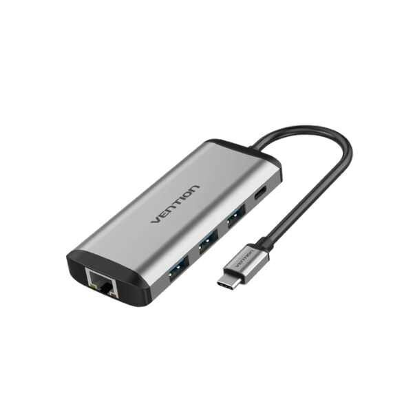 VENTION TYPE C TO MULTI-FUNCTION 9 IN 1 DOCKING STATION TYPE C TO USB 3.0 (3 PORTS) + GIGABIT EITHERNET + HDMI + SD & TF CARD READER + 3.5MM AUDIO + TYPE C PD by Hubs/Cables
